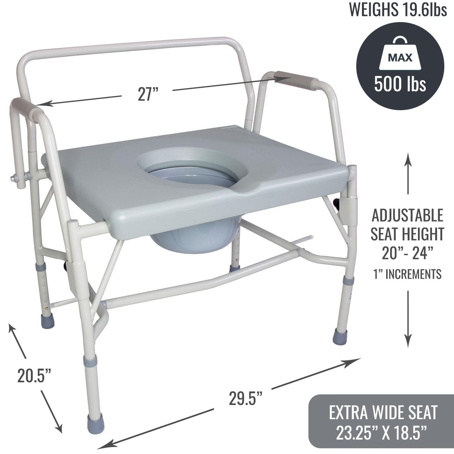 DMI Drop Arm Portable Toilet Commode, Extra-Wide Seat, 500 Pound Weight Capacity, Bucket with Lid Included, Adjustable Legs, Elderly Assistance Products, Grey