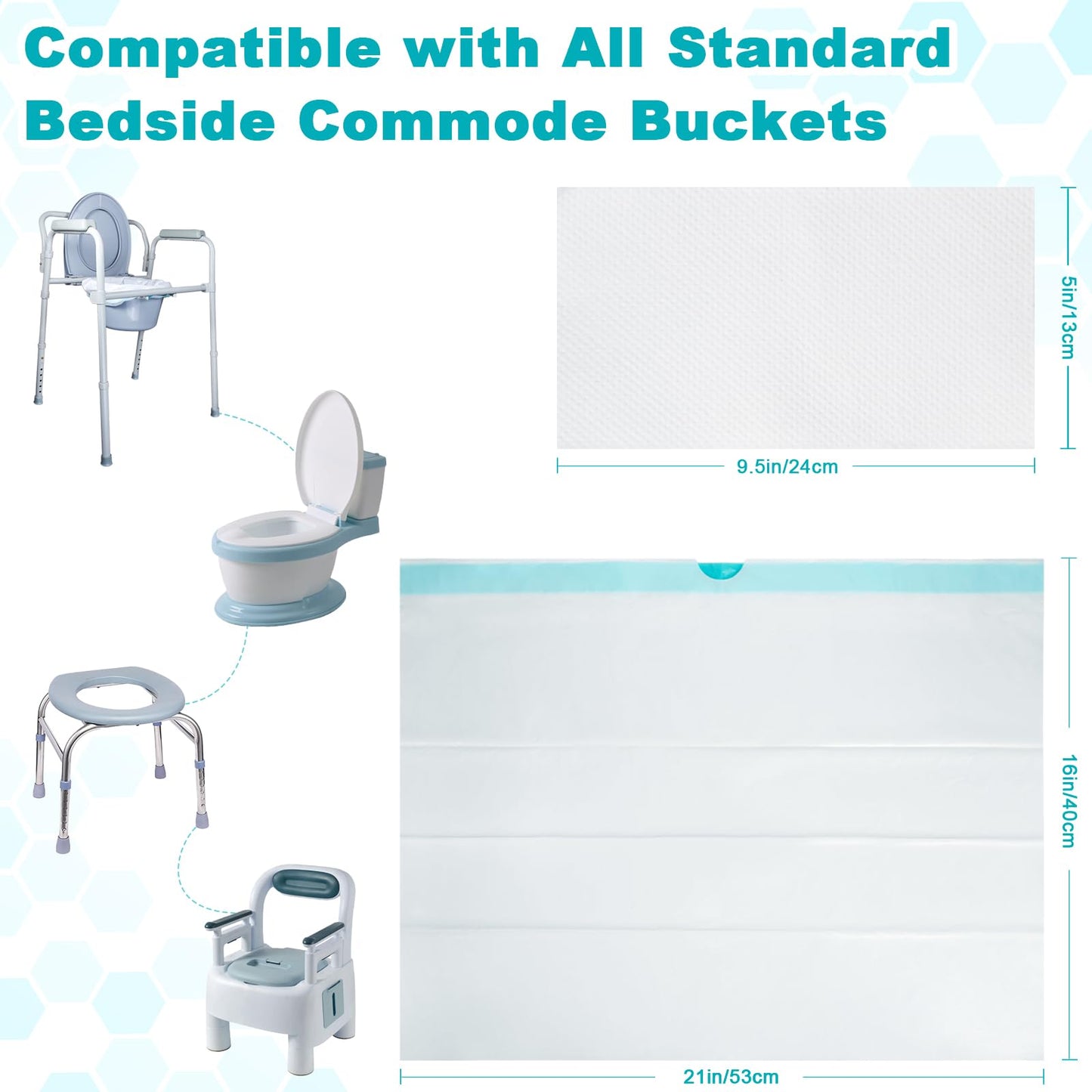 60 Commode Liners with Absorbent Pads, 60 Bedside Commode Liners and 60 Pads for Commode Bucket, Disposable Commode Bags for Adults, Portable Leak-Proof Potty Chair Liners (21*16in-60+60)