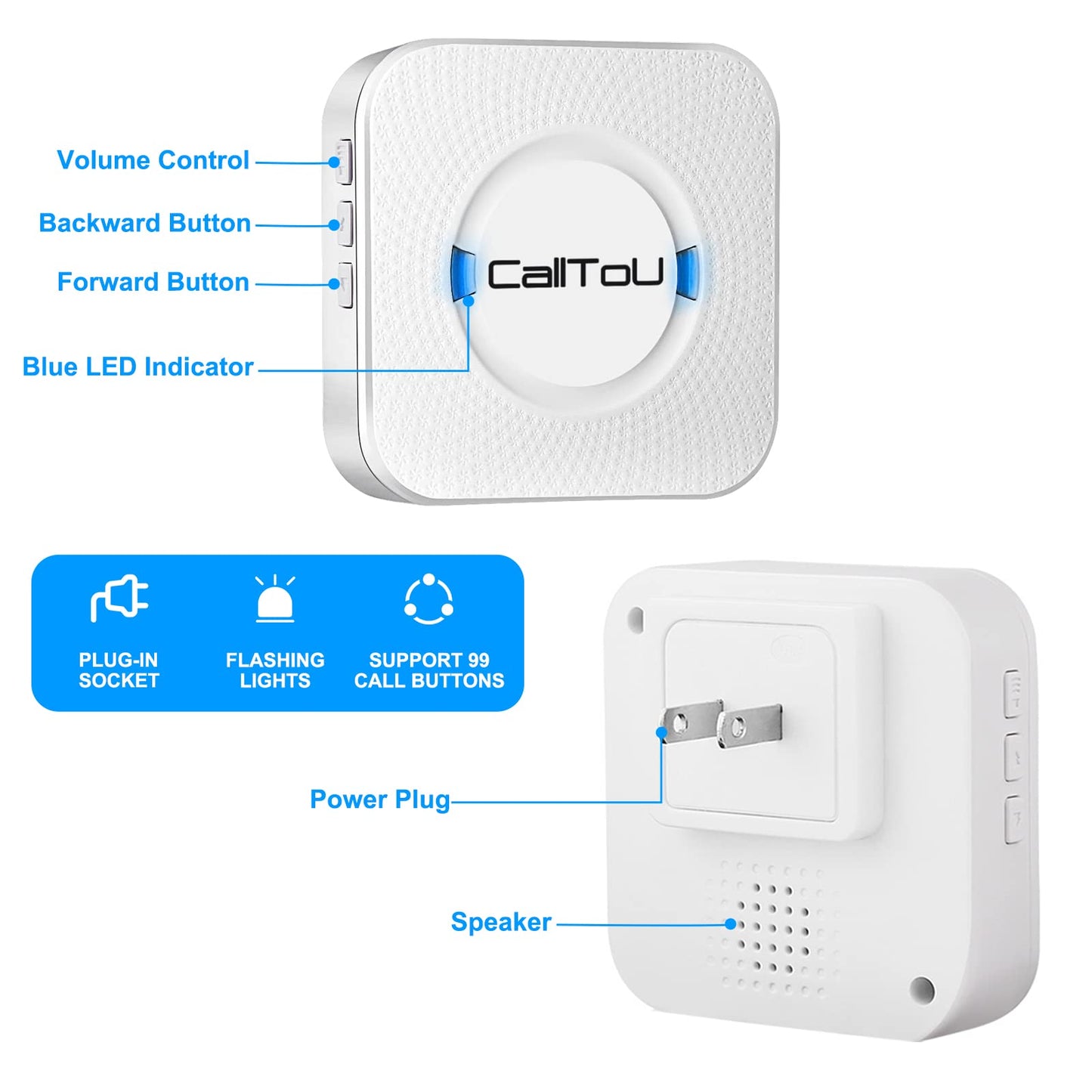 CallToU Elderly Monitoring Call Button Wireless Caregiver Pager Smart Senior System with Light Personal Buzzer Alarm 2 Portable Transmitters 1 Plugin Receiver