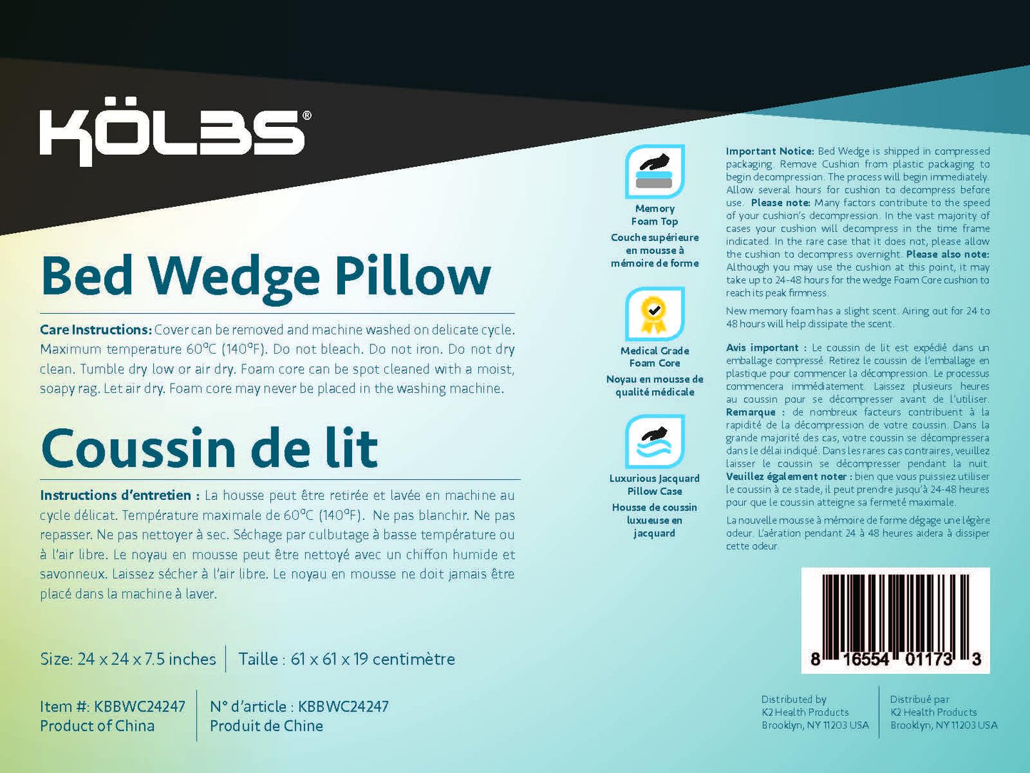 Kölbs Bed Wedge Pillow for Sleep Apnea, Sleeping Comfort, Relaxing, Acid Reflux, Heartburn and Back Pain Relief. Cushion for Sitting Up in Bed. Memory Foam Top, Chic Jacquard Washable Cover.