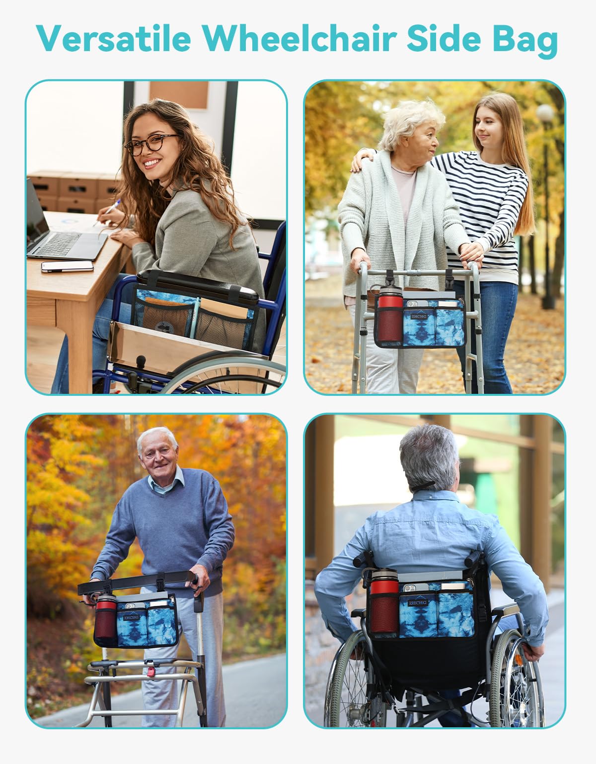 ZHCHG Wheelchair Side Bag, Wheelchair Armrest Pouch Accessories with Cup Holder, Storage Bag for Walker, Rollator, Electric Scooter Wheelchairs, Ideal Gift for Mother's Day & Father's Day