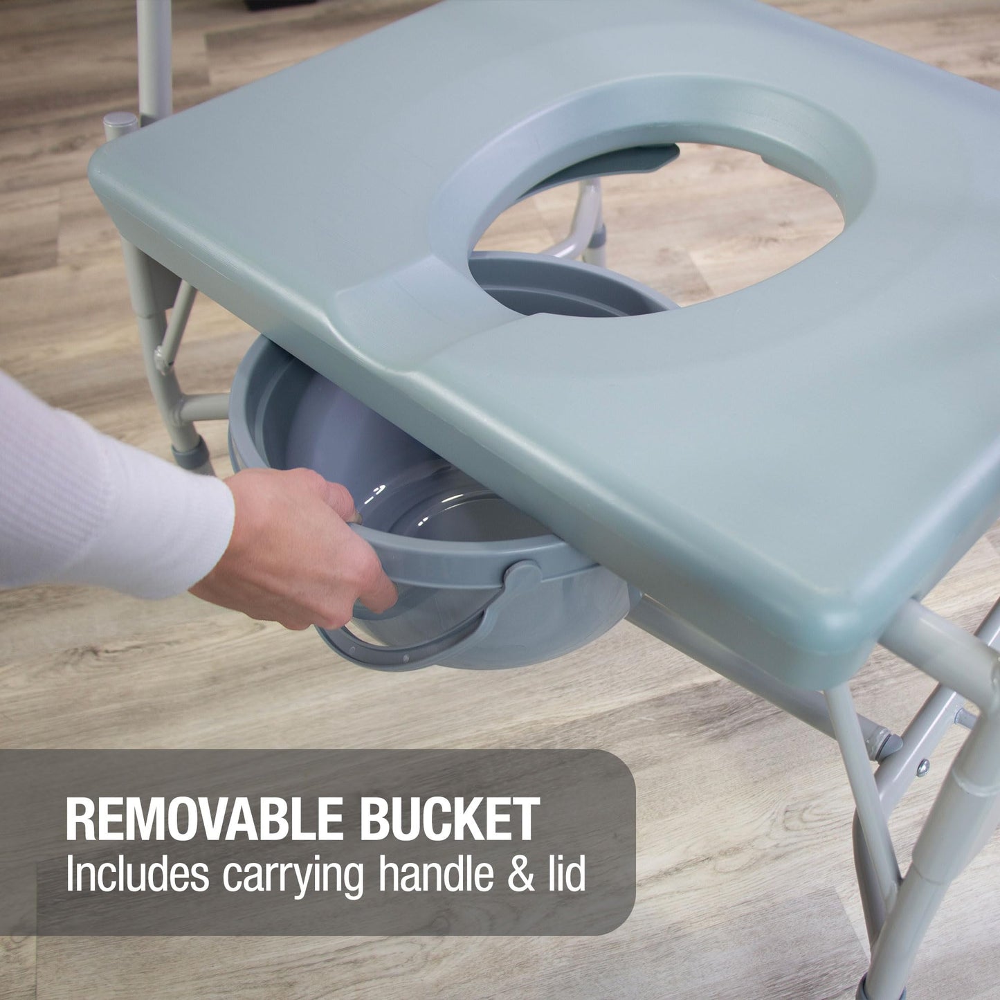 DMI Drop Arm Portable Toilet Commode, Extra-Wide Seat, 500 Pound Weight Capacity, Bucket with Lid Included, Adjustable Legs, Elderly Assistance Products, Grey