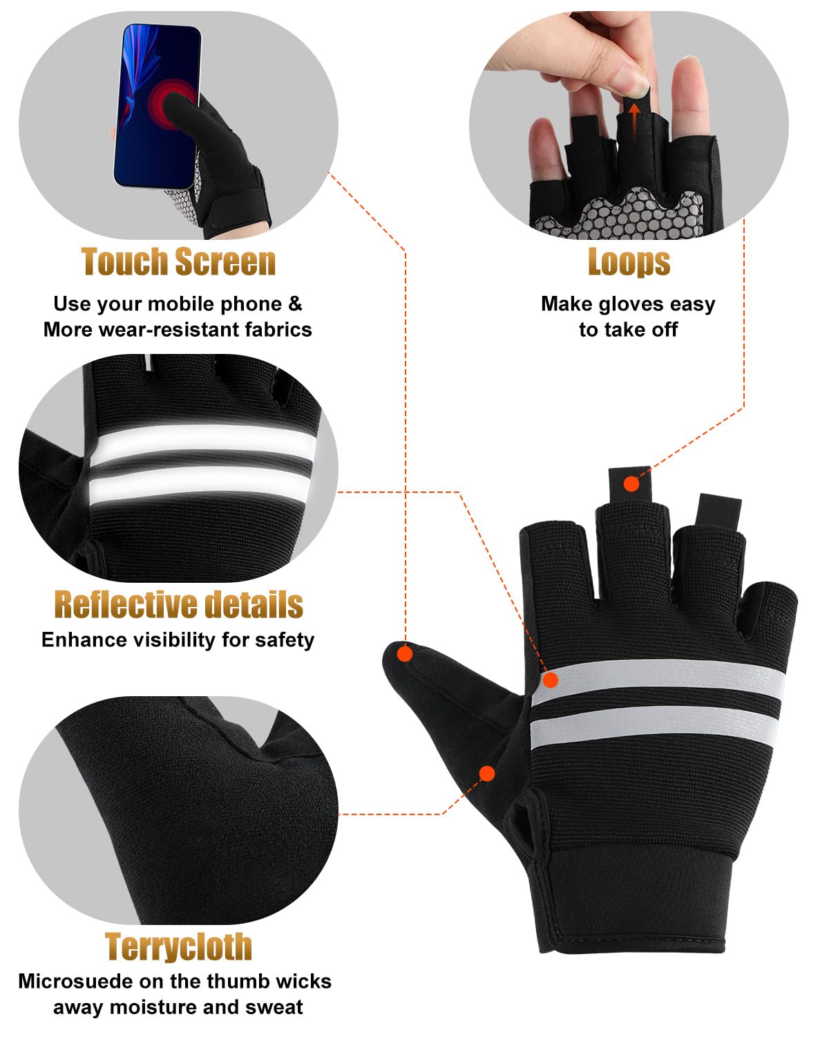HZBEGX Wheelchair Gloves Half-Finger with Anti-Blister Padding & Shock Absorption - Anti-Slip Rubber Palms, Touchscreen Tips & Reflective Trim (Black, Large)