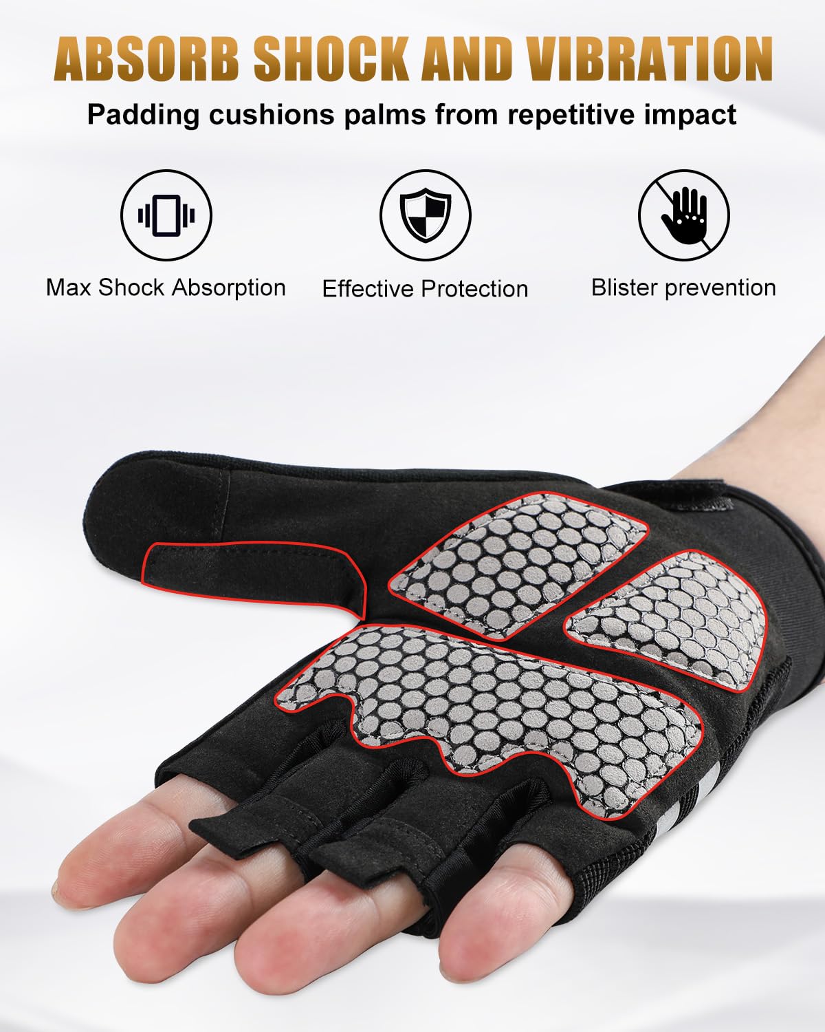 HZBEGX Wheelchair Gloves Half-Finger with Anti-Blister Padding & Shock Absorption - Anti-Slip Rubber Palms, Touchscreen Tips & Reflective Trim (Black, Large)