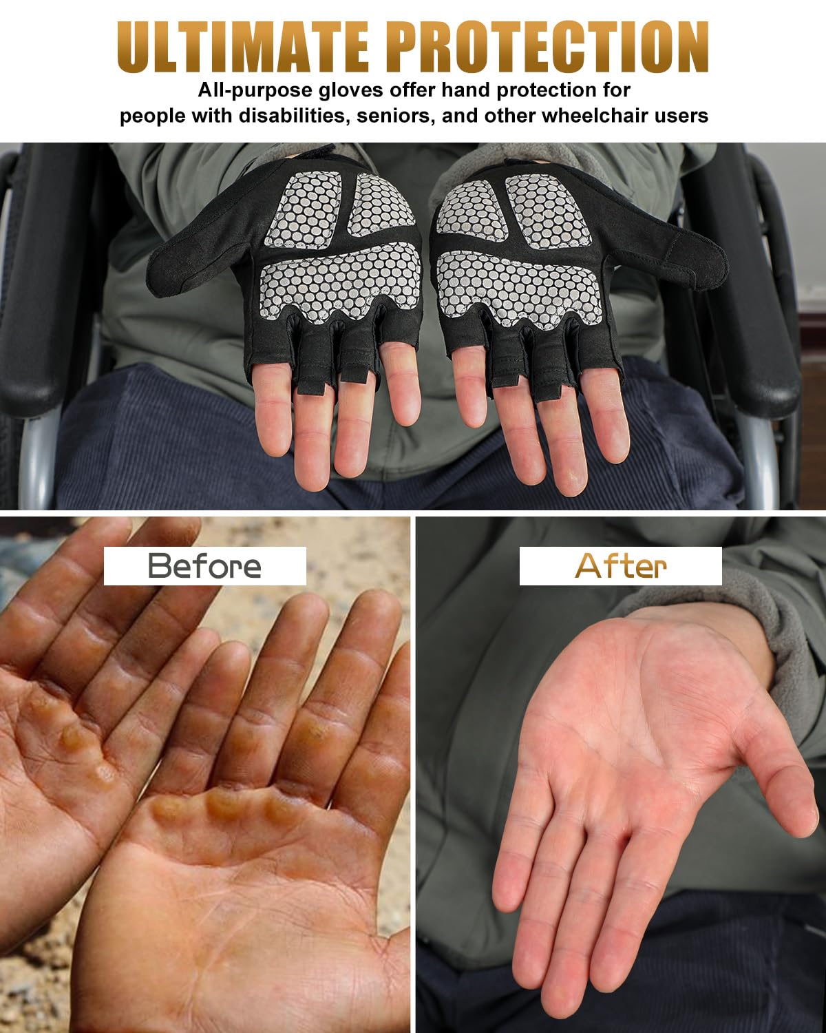 HZBEGX Wheelchair Gloves Half-Finger with Anti-Blister Padding & Shock Absorption - Anti-Slip Rubber Palms, Touchscreen Tips & Reflective Trim (Black, Large)