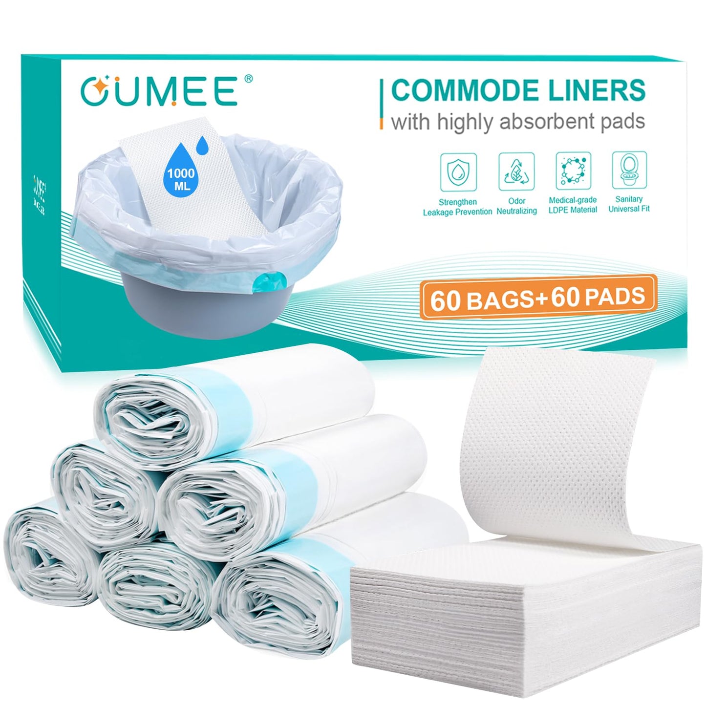 60 Commode Liners with Absorbent Pads, 60 Bedside Commode Liners and 60 Pads for Commode Bucket, Disposable Commode Bags for Adults, Portable Leak-Proof Potty Chair Liners (21*16in-60+60)