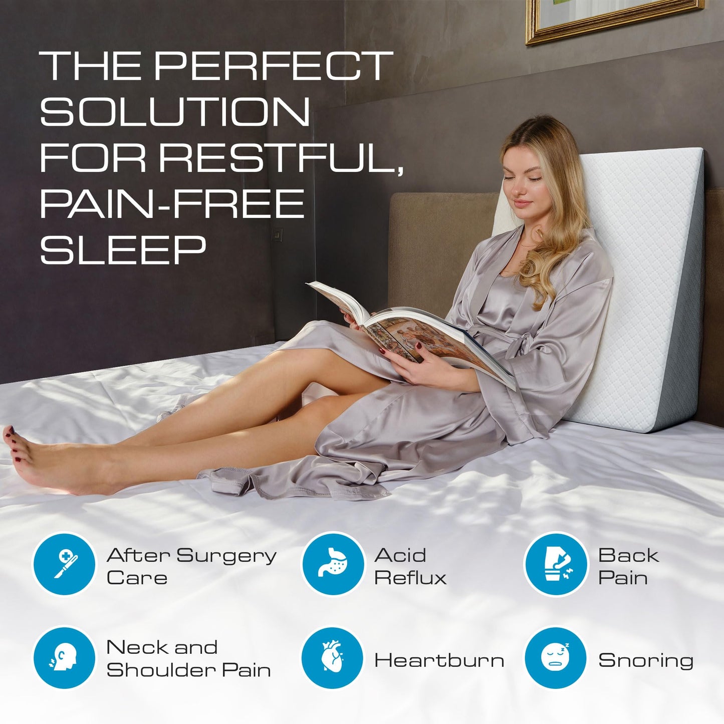 Kölbs Bed Wedge Pillow for Sleep Apnea, Sleeping Comfort, Relaxing, Acid Reflux, Heartburn and Back Pain Relief. Cushion for Sitting Up in Bed. Memory Foam Top, Chic Jacquard Washable Cover.
