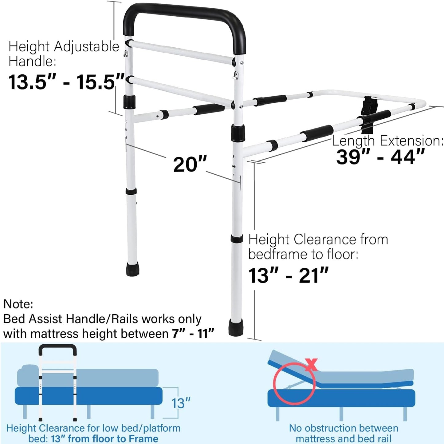 FSA/HSA Eligible, Vaunn Medical New Adjustable Bed Assist Rail Handle (Passed ASTM F3186–17 Safety Standard) and Hand Guard Grab Bar, Bedside Safety and Stability (Tool-Free Assembly), White/Black