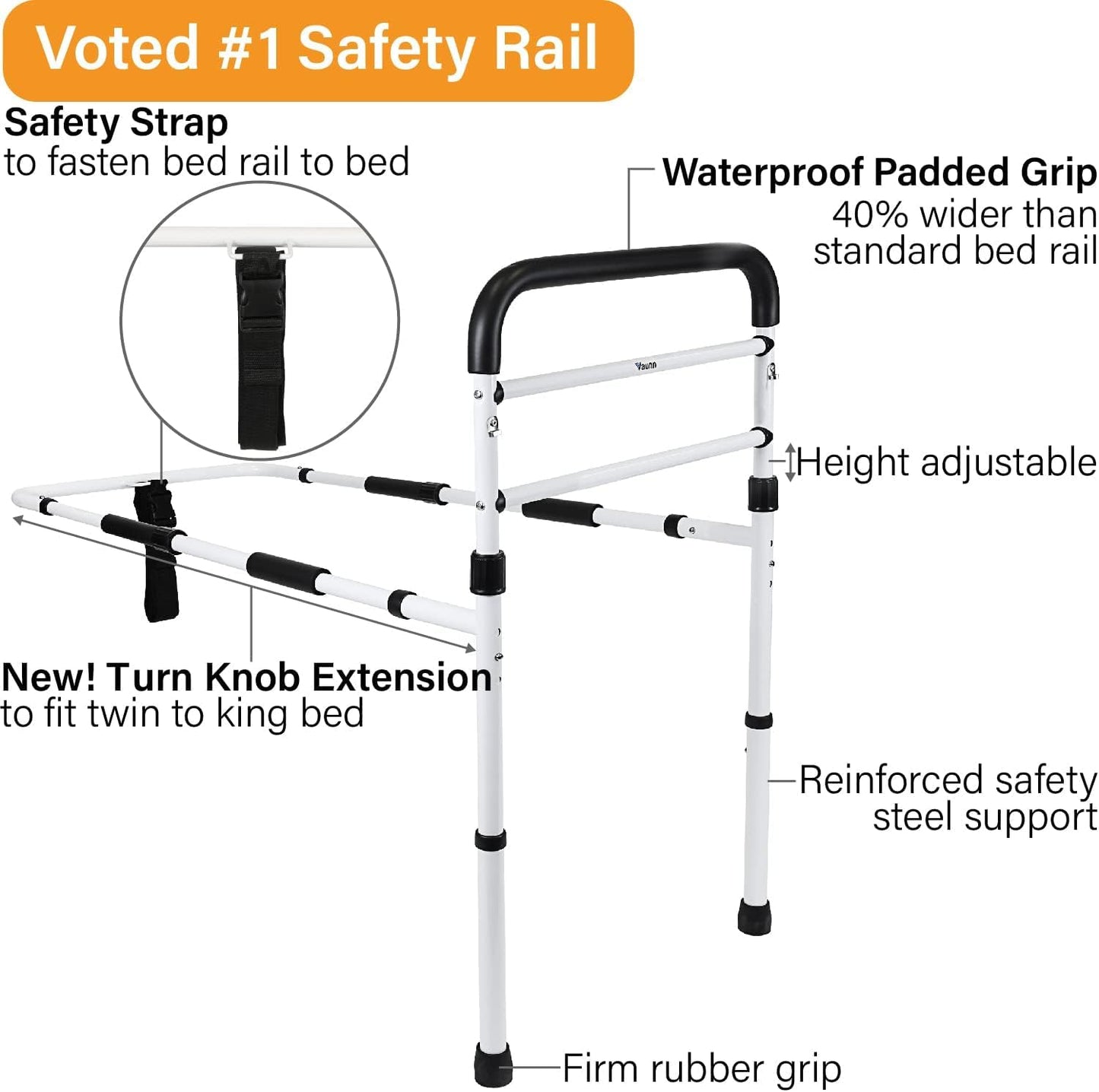 FSA/HSA Eligible, Vaunn Medical New Adjustable Bed Assist Rail Handle (Passed ASTM F3186–17 Safety Standard) and Hand Guard Grab Bar, Bedside Safety and Stability (Tool-Free Assembly), White/Black