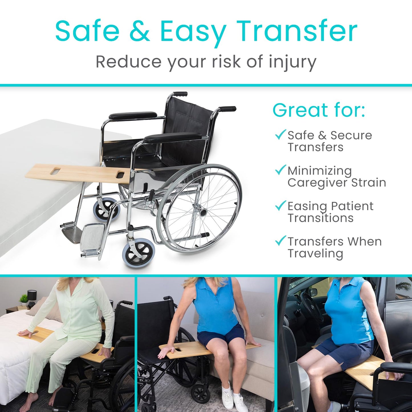 Vive Transfer Board (36" by 12") - Patient Slide Assist Device - Transferring from Wheelchair to Bed, Toilet, Car, Bathtub - Heavy Duty Sliding for Elderly, Seniors, Disabled - Transport Platform