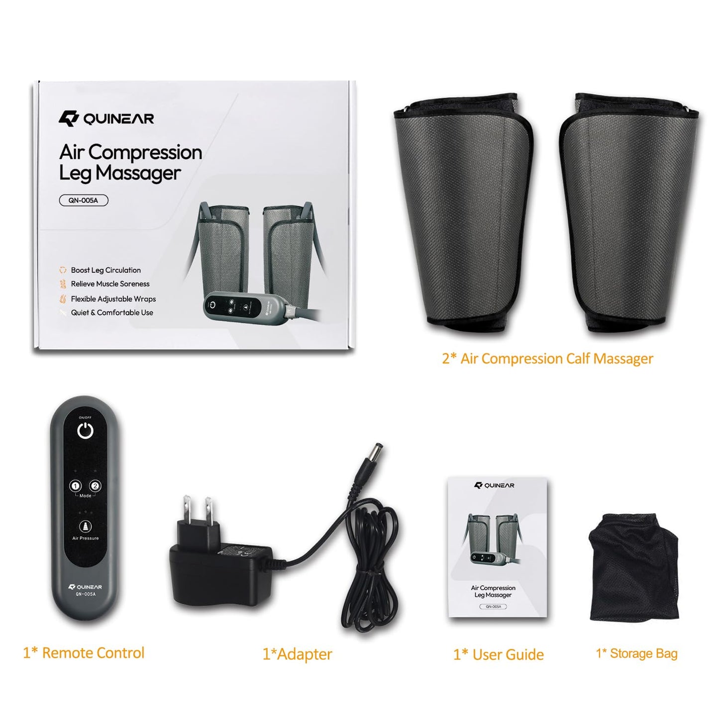 QUINEAR Air Compression Leg Massager for Circulation & Pain Relief, Calf Massagers with 2 Modes & 3 Intensities, Sequential Compression Device (SCD) for RLS, Edema, FSA HSA Eligible - Ideal Gift