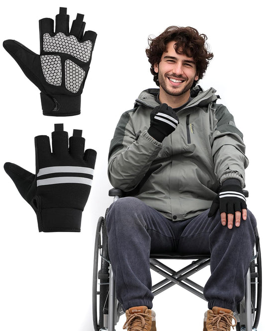 HZBEGX Wheelchair Gloves Half-Finger with Anti-Blister Padding & Shock Absorption - Anti-Slip Rubber Palms, Touchscreen Tips & Reflective Trim (Black, Large)