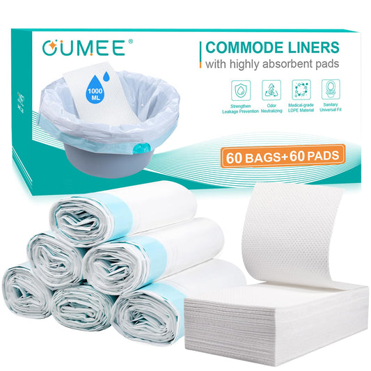 60 Commode Liners with Absorbent Pads, 60 Bedside Commode Liners and 60 Pads for Commode Bucket, Disposable Commode Bags for Adults, Portable Leak-Proof Potty Chair Liners (21*16in-60+60)