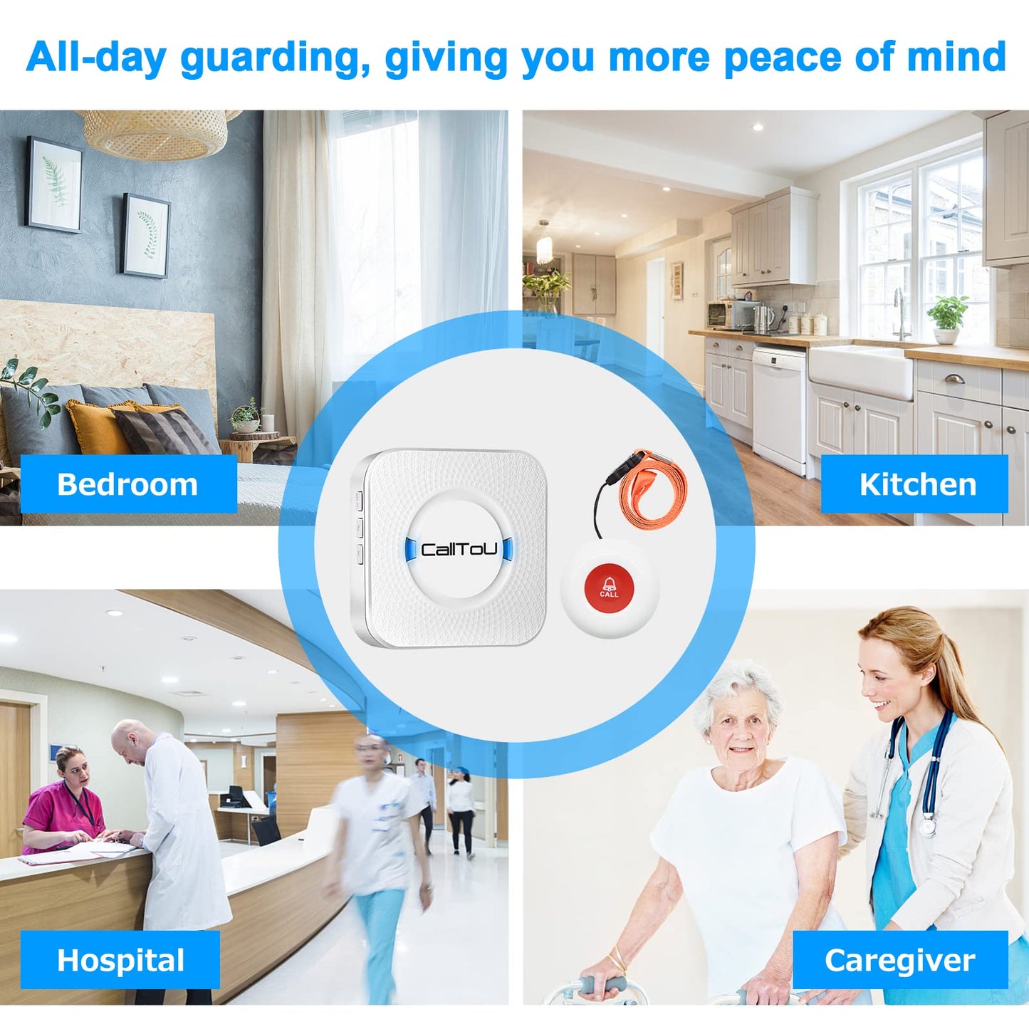 CallToU Elderly Monitoring Call Button Wireless Caregiver Pager Smart Senior System with Light Personal Buzzer Alarm 2 Portable Transmitters 1 Plugin Receiver