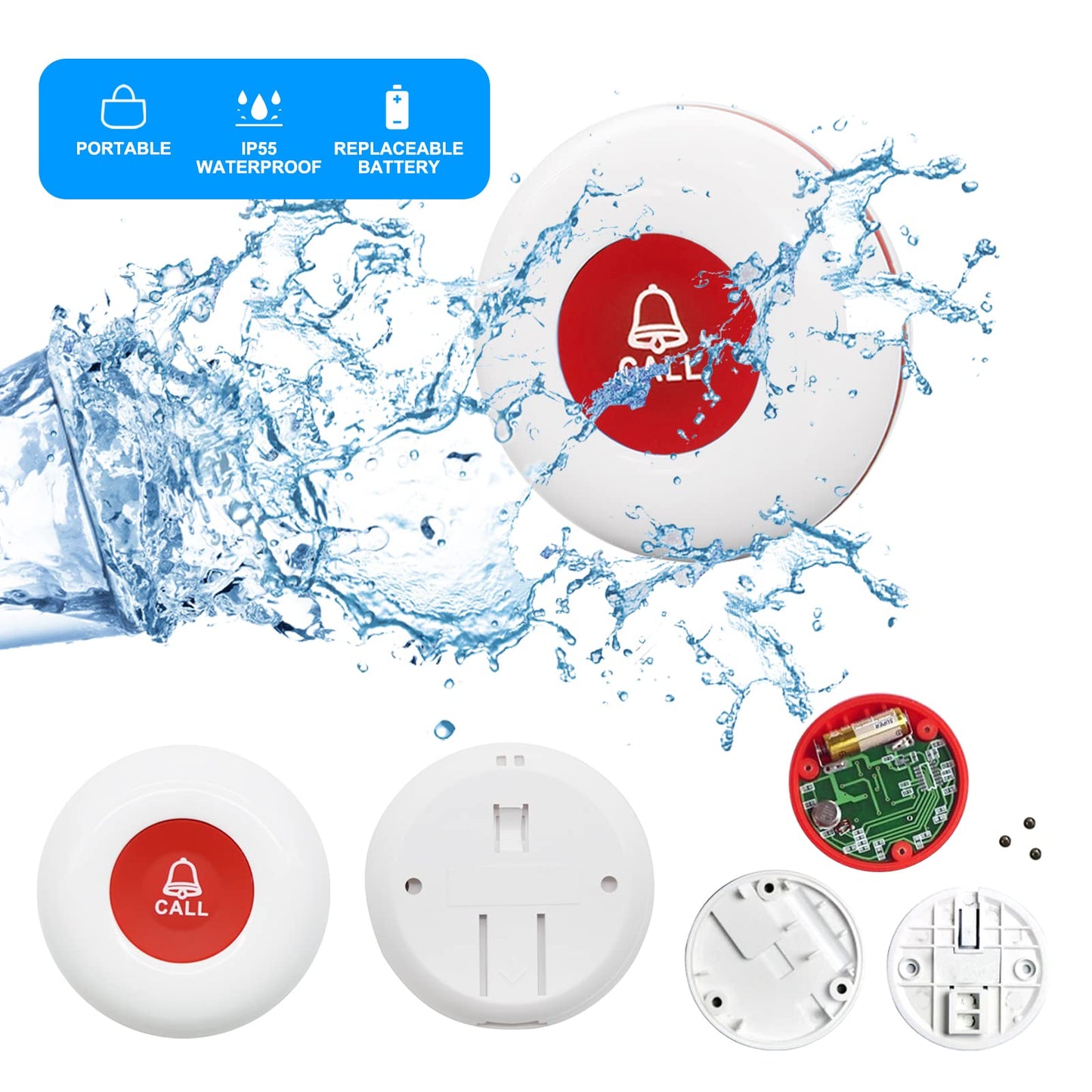 CallToU Elderly Monitoring Call Button Wireless Caregiver Pager Smart Senior System with Light Personal Buzzer Alarm 2 Portable Transmitters 1 Plugin Receiver