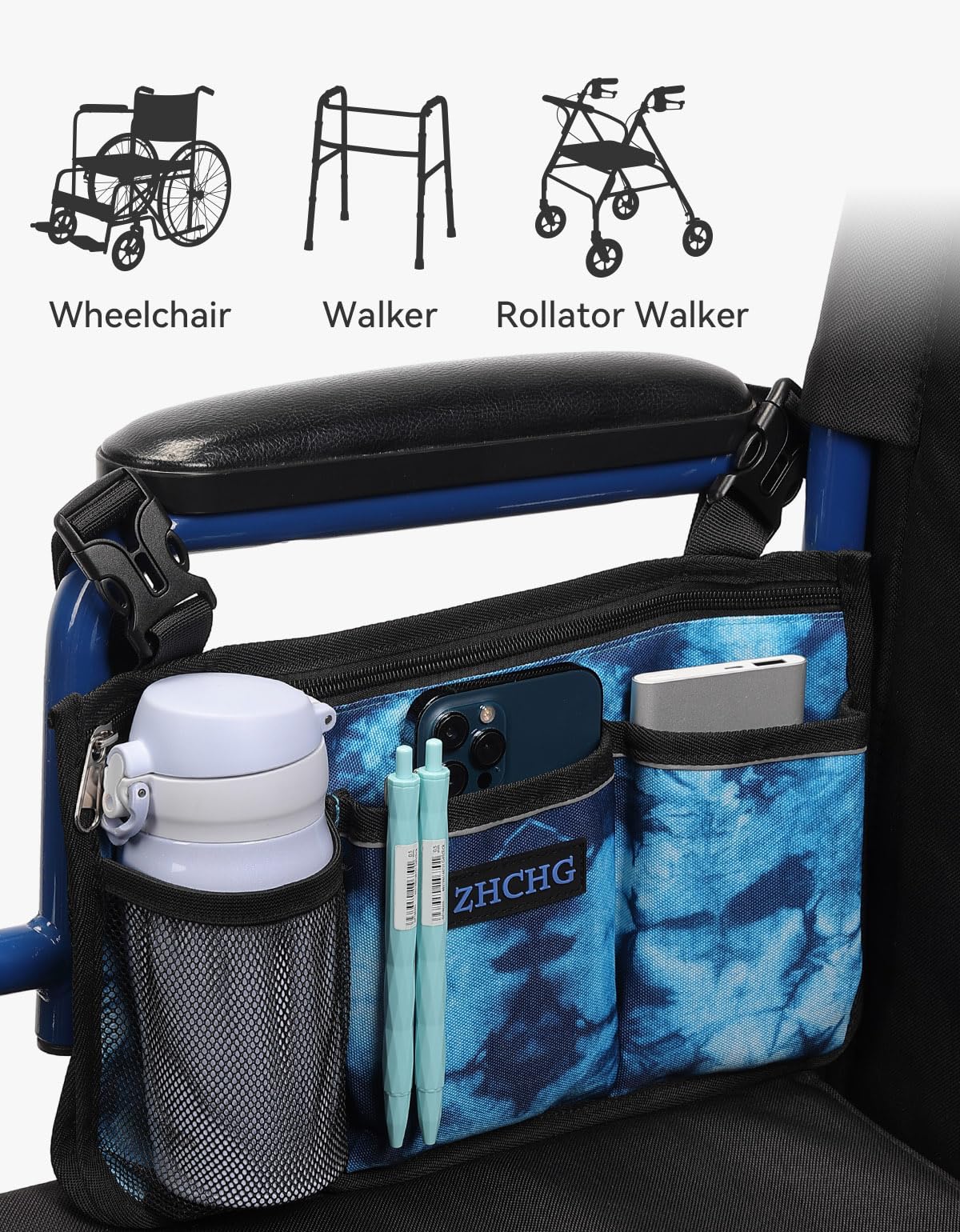 ZHCHG Wheelchair Side Bag, Wheelchair Armrest Pouch Accessories with Cup Holder, Storage Bag for Walker, Rollator, Electric Scooter Wheelchairs, Ideal Gift for Mother's Day & Father's Day